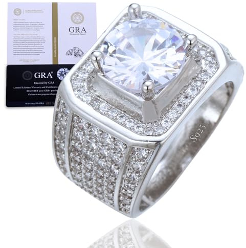 Halukakah Herrenring mit D4,0 ct Moissanit aus Platiniertem 925er Silber mit Zertifikat,Krappenfassung mit Runder Labordiamanten,Größenverstellbar,Geschenk für Ehemann,Freund,Verlobung,Hochzeit