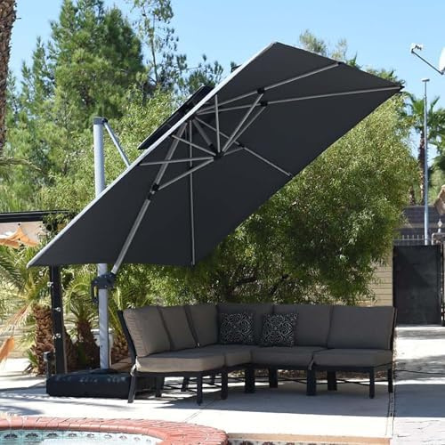 PURPLE LEAF Sonnenschirm 330 × 330 cm Doppeldach, Gestell Aluminium, Grau | Ampelschirm, Doppeldach-Belüftung, Stabiler Rostschutz-Rahmen, 360° Drehbar Flexibel, 6-fach Verstellbar, UV 50+ Polyester