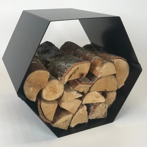Volcann Sleek Design Hexagon Firewood Log Store Rack - Fireplace Wood Holder Steel Storage for Woodstove, Fireside Accessories Basket (Black)