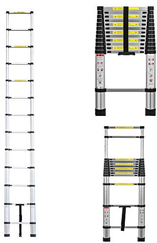 Escalera Telescópica Plegable de 3,8m, Escalera Extensible de Aluminio, Escalera Antideslizante Multifuncional, Capacidad Máxima 150kg