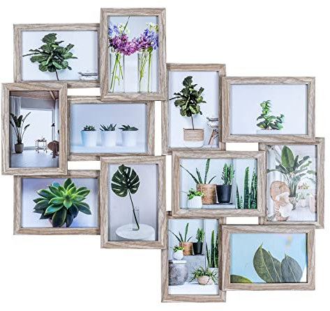 levandeo Bilderrahmen 58x55cm Collage 12 Fotos 10x15 Eiche gekälkt MDF Holz Galerie Fotorahmen Bilderrahmen Fotocollage Deko Collage Wanddeko