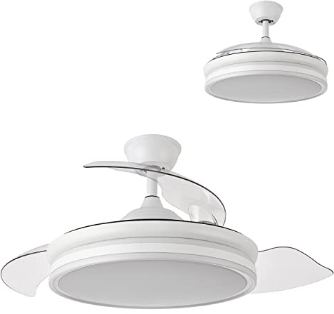 FABRILAMP TODOLAMPARA - Ventilador de techo con luz led, motor DC, color blanco, aspas retráctiles, mando a distancia, temporizador, memoria de luz, 3 tonalidades y 6 velocidades