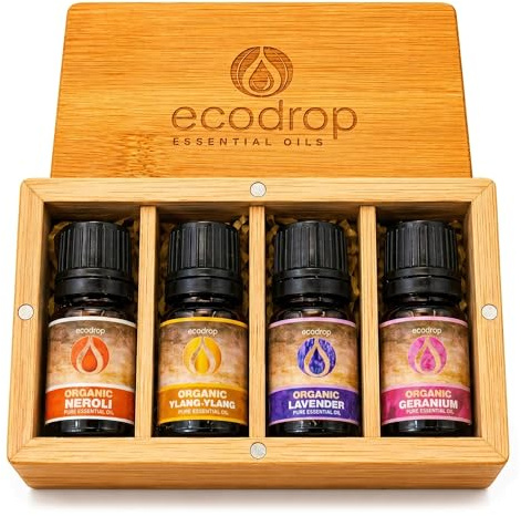 Ecodrop Floral Organic Essential Oil Set | 4 x 5ml, Aromatherapy Oils | 100% pure organic essential oils of Neroli, Lavender, Rose Geranium & Ylang Ylang in a wooden gift box