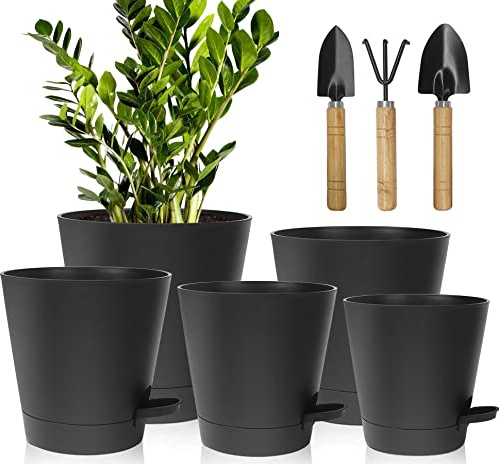 Plast blomkruka med bevattningssystem, 17,8/16,5/15,2/13,9/12,7 cm självbevattning ytterkruka med underlägg rund blomkruka för inomhus- och balkong trädgård växter suckulent kaktus (svart)