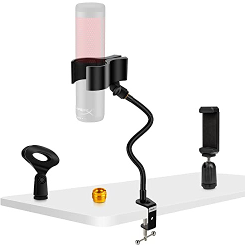 Microphone Stand 13 Flexible Gooseneck Desktop Mic Stand Multi-Function Mic Stand Phone Holder with Upgraded Mic Clip and Heavy Duty Desk Clamp, 3/8 to 5/8 Screw Adapter for Universal Mic
