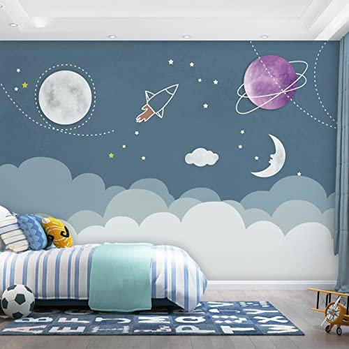 Vlies Fototapete Cartoon Planet Rocket 3D Effekt Vlies Tapeten Wandtapete XXL Moderne Wanddeko Wohnzimmer Schlafzimmer Büro Flur 450 cm B x300 cm H