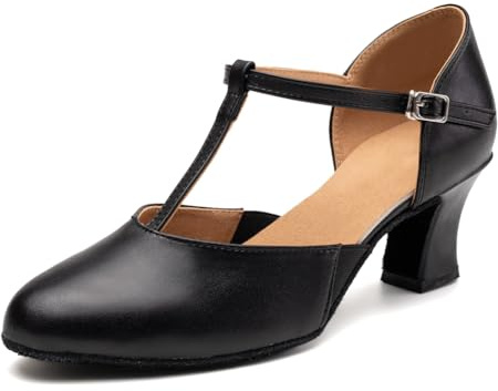 RUYBOZRY Character Shoes for Women T-Strap Closed Toe Latin Salsa Tango Standard Ballroom Dance Shoes,YCD29-Black-Suede Sole-2.33 Heel,US 9.5