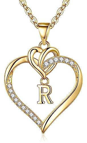 TINGN Kette Herz Damen Halskette Gold Silber, 14K Gold/Weißgold Vergoldet Herz Zirkonia Anhänger Buchstaben Kette Damen Jahrestag Muttertag Geburtstag Geschenk für Frauen Freundin Mama Mädchen Schmuck