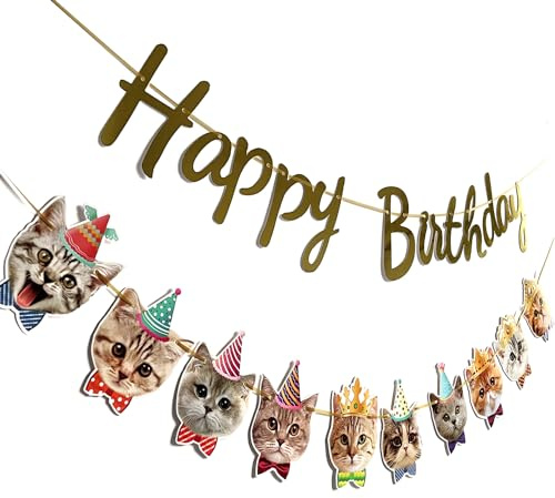 YUNSHANGMO Happy Birthday Cat Banner Garland Funny Decor Cat Face Bday Party Bunting Decorations Gold Sign