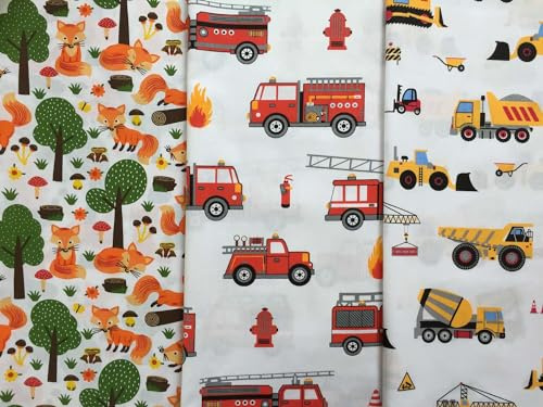 3x50x160cm Stoffpaket mit Füchse Feuerwehr Fahrzeuge Baustelle - Jungen Baumwollstoffe zum Nähen für Kinder, 1,5m fester Baumwollstoff Stoffset Paul auf weiß - keine Meterware