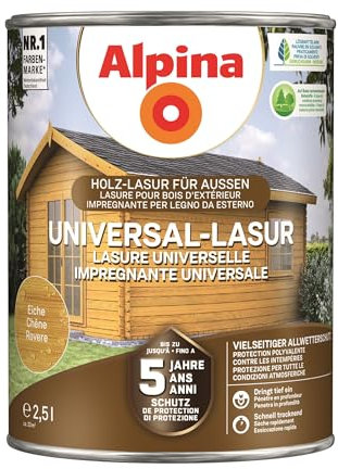 Alpina Universal-Schutz Lasur – Eiche – langanhaltender Schutz vor Witterung und Nässe – tropf- und spritzgehemmt – 2,5 Liter