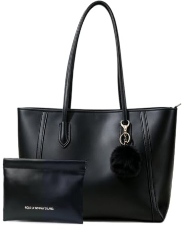 Mervokl Damen Handtasche mit Reißverschluss Shopper Tasche PU Leder Tote Bag Henkeltaschen Schwarz für Arbeit,Schule,Einkauf,mit Pelz Kugel Plüsch Schlüsselring und Lippenstift-Organisator