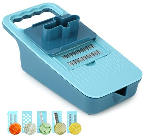 Gemüsehobel, Gemüseschneider, 5-in-1 Verstellbar Edelstahl Mandoline, Zwiebelschneider, Gurkenhobel, Reibe für Gemüse, Geeignet für Schneiden von Obst, Gemüse, Karotten und Kartoffeln (Blau)