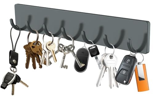 GeeRic Key Holder for Wall - Adhesive 7 Hooks Rack for Living Room, Kitchen, Office - Gray Hangers for Wall Décor