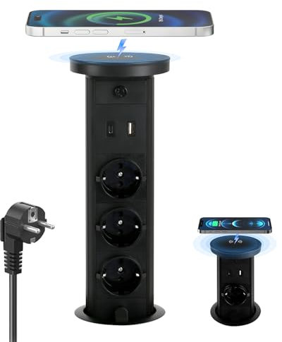 Presa Retrattile a 3 Scomparti con Caricatore Wireless da 10w, Presa Retrattile con 1 USB C 1 USB-A 20W, Presa da Incasso per Piano di Lavoro Presa Multipla con Cavo da 2 M per Cucina e Ufficio