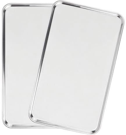 LNQ LUNIQI Edelstahl Backblech Klein, 2 Stück Rechteckig Backofenblech Silber, Ofenblech Backofen Metall Brotform für Kuchen Backen Kochen, 26,5 x 15,5 cm