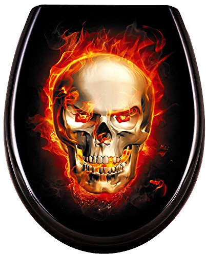 TANYEAR Toilettendeckel, Toilettensitz WC-Sitz mit Absenkautomatik, Toilettendeckeln aus Hartplastik, Klodeckel Antibakteriell, für Universal Standardgröße Toiletten, Schädel Flammen