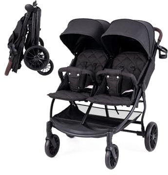 COSTWAY Carrito Gemelar Bebe, Silla de Paseo Gemelar hasta 22 kg, Doble Cochecito de Bebé Plegable, Cochecito Infantil con Reclinación Individual, Respaldo Ajustable, Reposapiés & Toldo (Gris Oscuro)