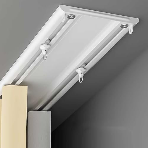 Selbstklebende Vorhangschiene Gardinenstange aus Aluminium 2-läufige Gardinenschiene, vorgebohrt, mit Deckenbefestigung for Vorhänge Fenster Balkon Büros(White,3.5m(11.5ft))