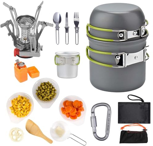 LIBRELUNE 15pcs Kit de Casserole Camping，Kit de Popote Camping Accessoires avec Rechaud，Set de Vaisselle Camping pour Bivouac Randonnée 1-2 Personnes
