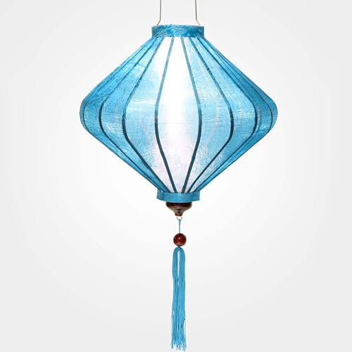 Asiatischer Lampion aus Seide, hellblau, T, Durchmesser 39 cm – traditionelle Laterne aus Stoff, Bambus und Holz, handgefertigt – Dekoration und Handwerk aus Vietnam (T25-BLC)