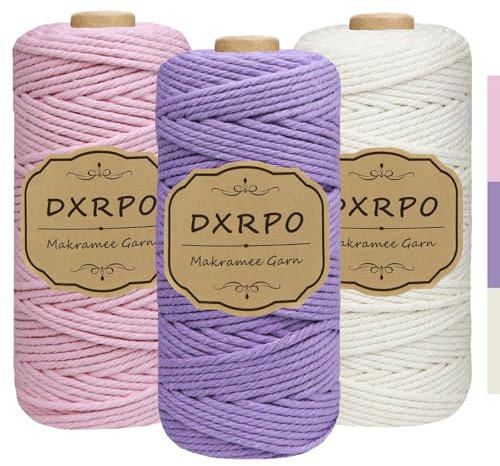 DXRPO Macrame Corda 3 mm x 100 m x 3, Macramè Filo Cotone per Fai Da Te, Piante Sospese, Natale, Decorazione Boho (Naturale, Rosa, Viola)