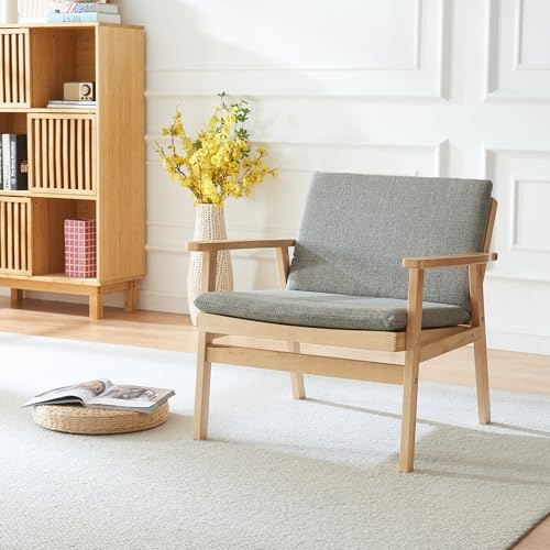 Panana PE Rattan Look Wooden Armchair, Tub Chair, Rubberwood Legs for Living Rooms, Bedrooms, Lounges, Sunrooms (Natural with armrest, with light grey seat pad and back)