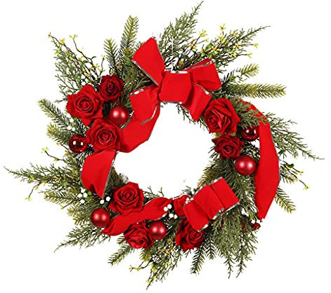 ohodhmnu Weihnachtsschmuck, Weihnachtstürkranz, künstliche Rose, Blume, Schleife, LED