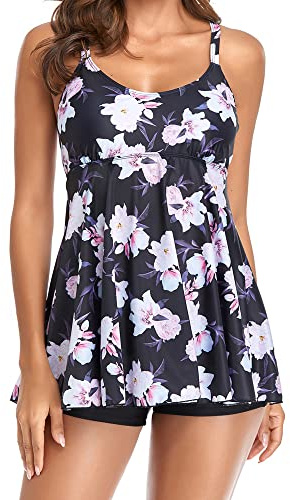 Women's Leaf Flower Print Tankini Swimsuits Sleeveless Vest Solid Shorts 2 Piece Swimwear Summer Fashion Casual Bathing Suits (A-Black Pink Flower, XXL)