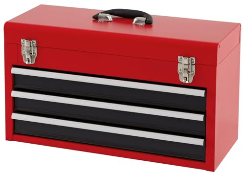 TANGZON 3 Drawer Tool Chest, Lockable Metal Tool Box with Double Latch System, Ball Bearing Slides, EVA Liners & Carrying Handle, Portable Toolbox Tool Storage Cabinet, 52 x 22 x 31cm (Red + Black)