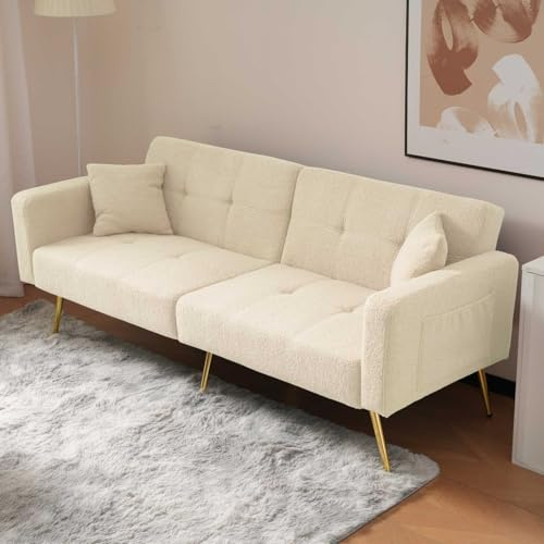 YEHTOKHOME Canapé Moderne avec Coussins et Poches de Rangement latérales,canapé 2 Places avec Pieds dorés,Fauteuil Relax Polyvalent pour Le Salon et la Chambre à Coucher (Beige)