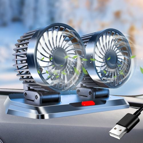 HIULLEN Auto Ventilator, 5V USB Doppelkopf Autolüfter, Auto Kühlventilator mit 3 Speed, Kfz Lüfter Auto Ventilator, USB Kühlungs Luftventilatoren für Auto Van SUV RV Boot, 360 Grad Drehbarer