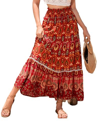 JENJON Femme Jupe Maxi Imprimé Taille Haute Elastique Casual Boho Style Ethnique Robe 2 in 1 Taille Unique