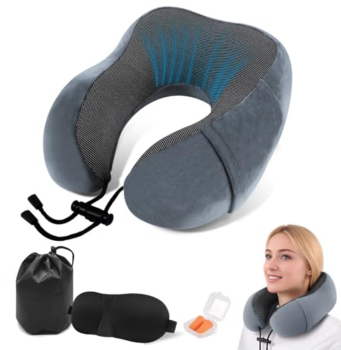 ARTREE Almohada de Viaje para Cuello Ajustable - Cojín Cervical con Sistema de Cinta Reguladora, Espuma Memoria Portátil para Avión/Coche, Incluye Funda + Bolsa (Gris Oscuro)