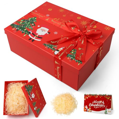 Gift Boxes for Presents, 28.5x20.5x10cm Large Christmas Boxes with Lids, Thickened & Durable Christmas Eve Box with Red Ribbon Card for Party Candy Cups Aromatherapy Jewelry Pajamas (Red)