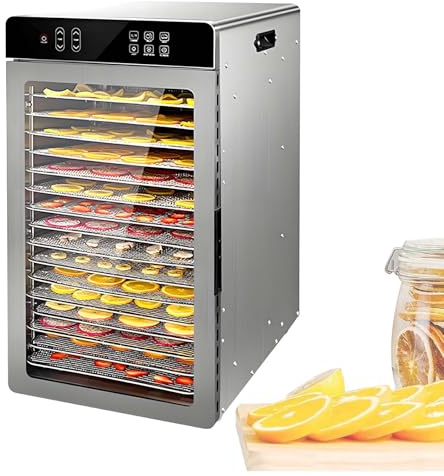 QFGain Essiccatore per Alimenti Professionale - Essiccatore Elettrico Digitale LCD con 6 Impostazioni Preimpostate, Flusso d'Aria A 360° per Essiccazione Uniforme, Timer 24 Ore (30-90 °C) 16Tray