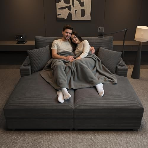 Sofá cama de 2 plazas, sofá de 2 plazas con función de cama, sofá cama doble moderno con USB y tipo C, con soporte para teléfono móvil giratorio 360°, 2 cojines, 2 portavasos, sillón acolchado, gris