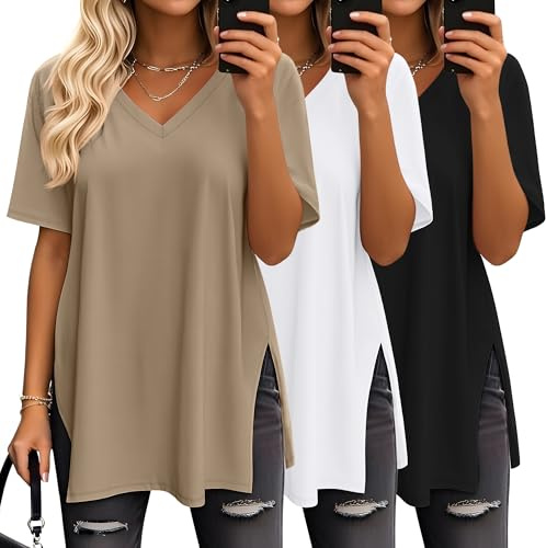 Geyoga 3 Confezioni da Magliette Oversize da Donna T-Shirt Casual in Maglia con Scollo a V Maniche Corte Spacchi Laterali Top Larghi e Tuniche alla Moda(Nero, Bianco, Cachi,Large)