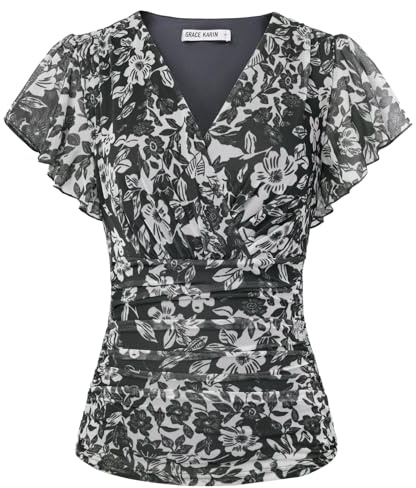 GRACE KARIN Camicetta estiva da donna con maniche corte a volant avvolgente increspato floreale casual top slim fit retrò boho top tunica camicetta, Floreale nero, M