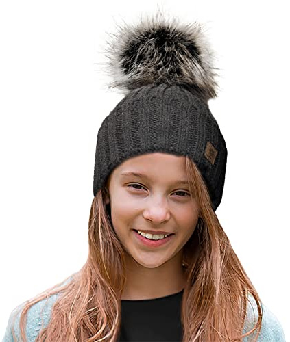 4sold Rita Barnmössa för vintern, stil beanie, stickad mössa med pälstofs, toppluva, huvudbonad, skidåkning, snowboard, mörkgrå, En Storlek