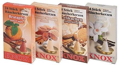KNOX Räucherkerzen - 4er Set Größe M - Weihnachtsgebäck - Bratapfel, Gebrannte Mandeln, Lebkuchen, Vanille - 4x24 Stück - Made in Germany