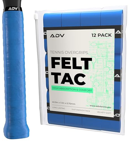 ADV Dry Tennis Overgrip Tape - 3, 12, 30, 60 Pack - FeltTac Tennis Racket Grip Tape - Ultra Absorbent Tennis Grip Tape - Comfort Tennis Racket Grips - Tennis Grips Overgrip (12-Pack Blue)