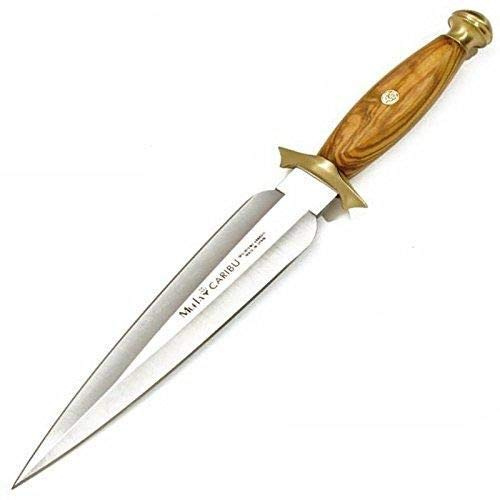 Muela Cuchillo CARIBU.OL hoja de acero ACX-380 de 20,5 cm y empuñadura de madera de olivo para Caza, Pesca, Supervivencia y Bushcraft Realizado en Ciudad Real + Portabotellas de regalo