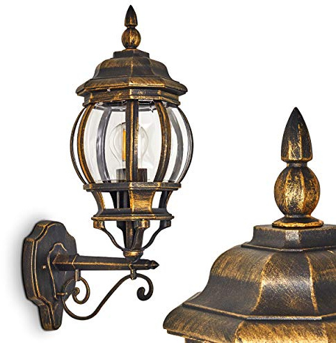 HOFSTEIN Außenwandleuchte Lentua, Außenwandlampe aus Metall/Kunststoff in Braun-Gold/Klar, Wandleuchte Up im Retro/Vintage/Antik-Design, E27, IP44, Eingangsbereich, Terrasse, Haustür, Hof