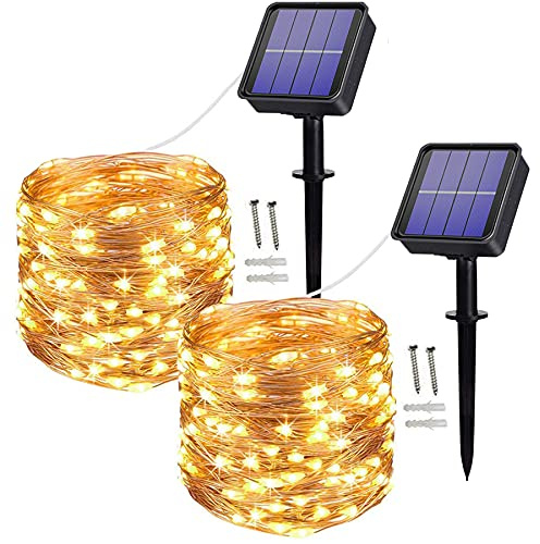 2 Pack Solar String Lights, 100 LED 10M/32Ft 8 Modes Solar Fairy Lights | Waterproof Outdoor/Indoor Garden Lights Copper Wire Lighting for Wedding, Patio, Yard, Festoon, Christmas (Warm White)