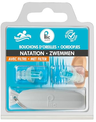 Bouchons d’oreilles natation/piscine/mer - Atténuation 18dB - Protection auditive confortable - 2+1 corolles et double filtre - Hypoallergéniques et réutilisables - PLIC AUDIO