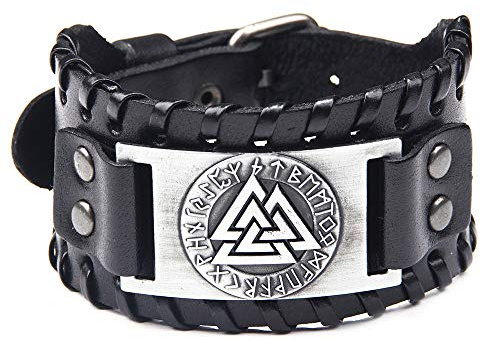 Juland Corda Intrecciata Punk Bracciale in Lega Bracciale Rigido Braccialetto in Vera Pelle Polsino da Uomo Viking Totem Wide Wrap Regolabile - Nero