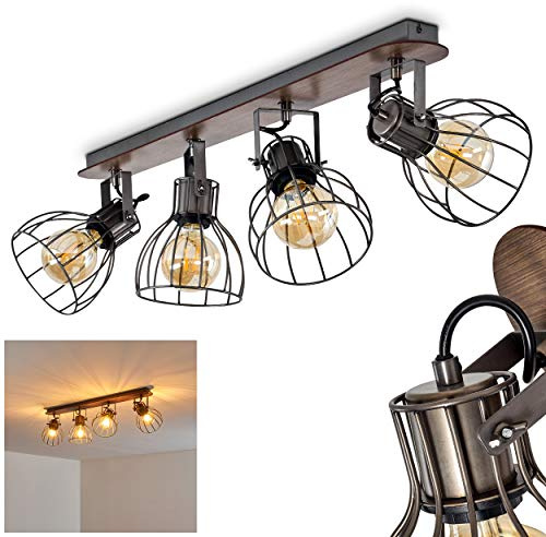 HOFSTEIN Deckenleuchte Bitterroot, verstellbare Deckenlampe aus Metall/Holz in Grau/Braun, Leuchte im Industrial/Retro/Vintage-Design in Gitter-Optik, 4xE27, Wohnzimmer, Esszimmer, Küche, Schlafzimmer