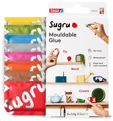 Sugru by tesa - Mouldable Multi-Purpose Glue for Creative Fixing and Making, Red-Blue-Yellow-Grey-Green-Brown-Orange & Pink, 8-Pack