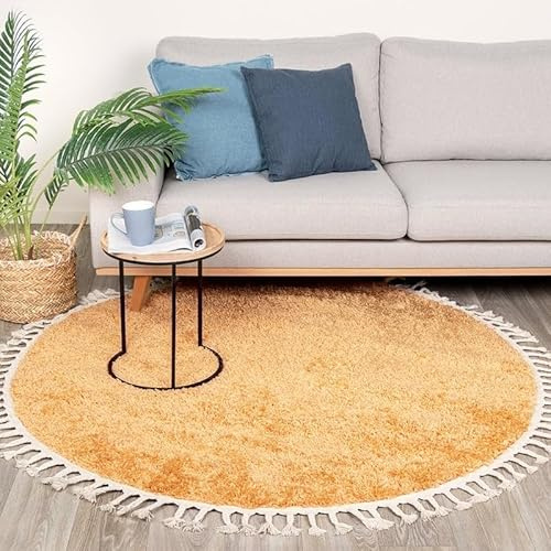 FRAAI | Home & Living Teppich Hochflor Rund - Lofty Fringe Gelb - Einfarbig - Modern, Skandinavisch - Wohnzimmer, Esszimmer, Schlafzimmer - Fellteppich - Carpet